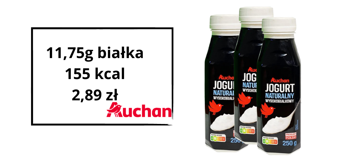 Promocja jogurt wysokobiałkowego w Auchan [11,75g białka, 155 kcal, 2,89 zł]